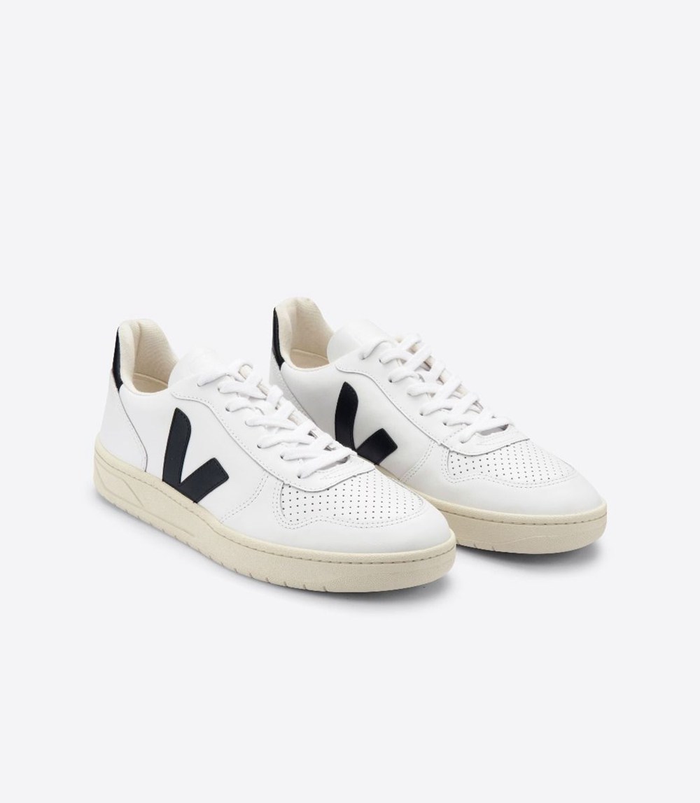 Veja Trainers Mens White/Black - V-10 Leather - EJSQ-85671